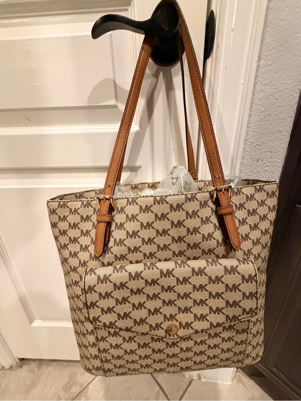Michael Kors Tan/Beige MK Signature Tote with Front Pocket